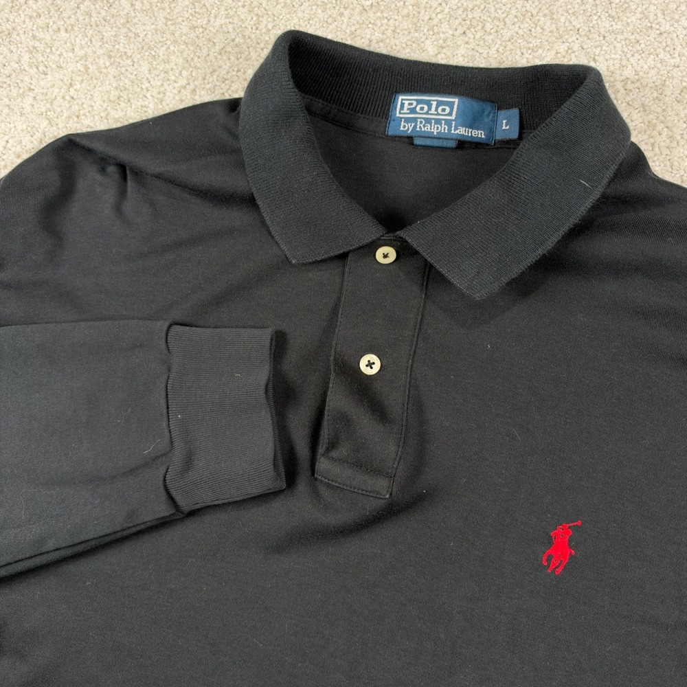 Polo Ralph Lauren Polo Shirt Men L Black Long Sleeve Red Pony Interlock Cotton